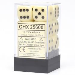 Opaque 16mm d6 Ivory with Black Dice Block (12 d6)